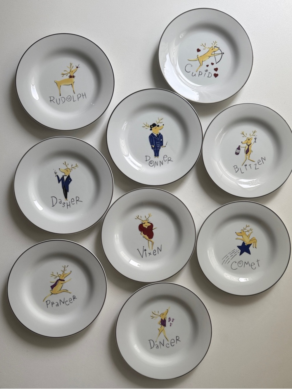 Rare Retired Complete Set Nine (9) Santa's Reindeer Dessert Plates Pottery Barn